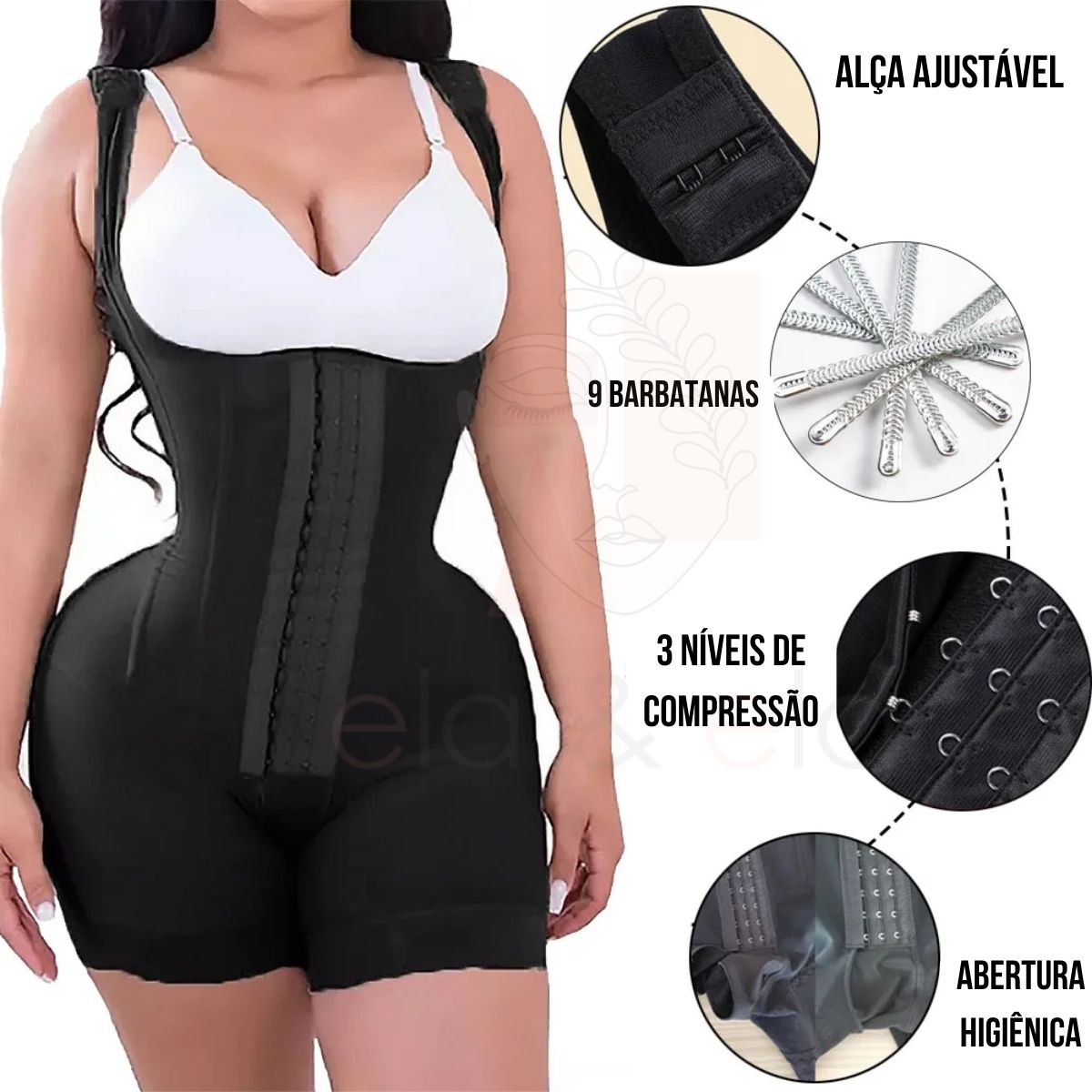 Cinta Modeladora Mega Compreessão com 9 Barbatanas Black Compress - Ela e Ela - Cintas Modeladoras